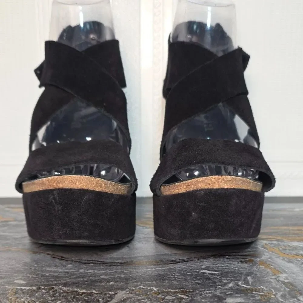 Pedro Garcia Black Suede Platform Wedge Sandals Size 40 US 9.5 EUC Spain